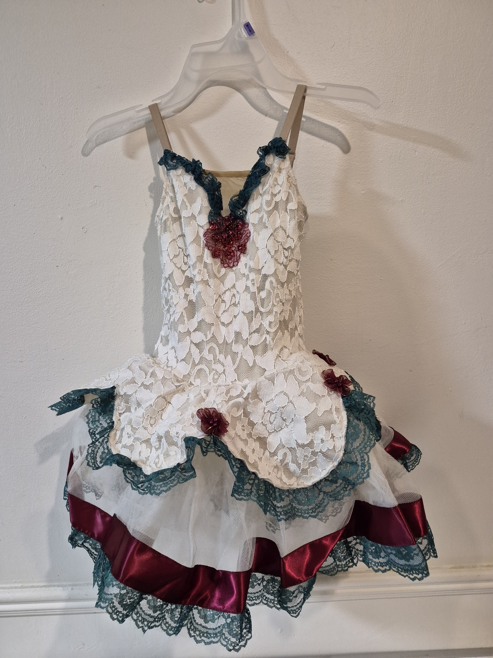 Revolution White Lace Tutu Dress with Burgundy Satin & Teal Lace